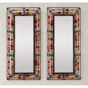 Vintage Pier 1 Beaded Wire Wall Mirror Dressing Tray Red Orange Boho